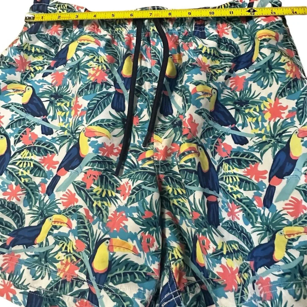 YP Threads Australia Mens Swim Shorts Sz 32 Tropical Colorful Birds Palm Trees